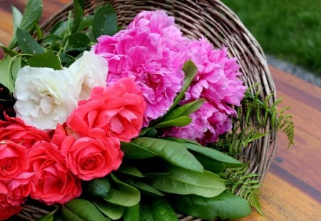 ๑~♥๑ Visual Delight ๑♥~๑ - roses, beautiful, together, lovely, pink, bouquet, sweet, peonies, flowers, basket, fresh, white, nature, red, green, arrangement