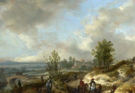 Philips Wouwermans - A Dune Landscape With a River and Many Figures - painting, seventeenth century, landscape, dutch