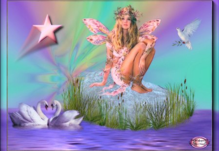 Fairy Angel - fairies, fantasy, swans, water, angels, fairy, doves