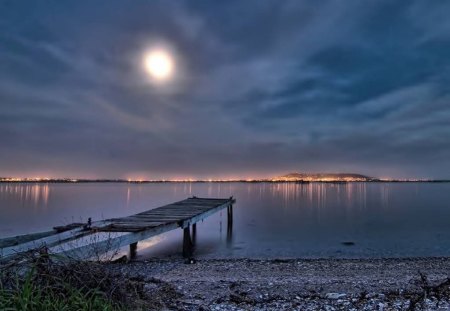 Pier In The Moonlight - water, nature, sky, pier, moonlight