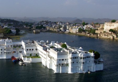 white house in the middle of a river in india - city, white, building, river