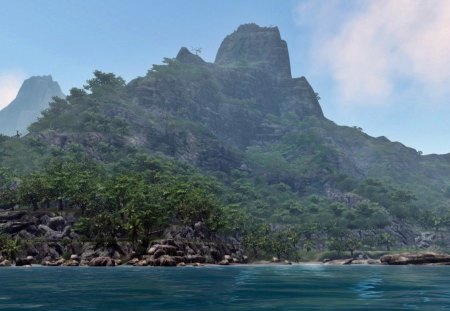 crysis - mountains, trees, sea, rocks