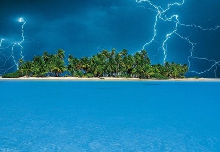 lightning over a tropical island - lightning, clouds, island, beach, sea