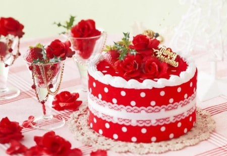 â™¥Christmas cakeâ™¥ - cake, roses, christmas, red