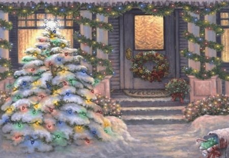 Welcome to Christmas - winter, door, lights, snow, christmas, house, christmas tree, wreath