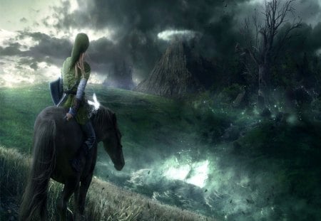 link and epona - horse, link, anime, black clouds, epona