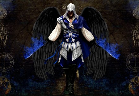 ASSASSINS CREED - assassins creed, blue, swords, assassin, angel, games, dark