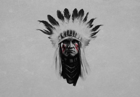 an Indian chief - black and white stripes, painting, an indian chief, redhead, feathers, red, serious