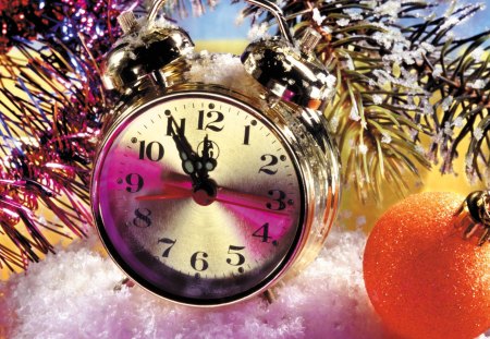 New year time - nice, new year, candles, colorful, midnight, time, balls, santa, pretty, mood, clock, holiday, lovely, christmas, snow, beautiful, decoration, lights