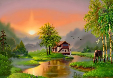 Bright beauty of nature - nice, beauty, cottage, sky, trees, sun, peaceful, greenery, creek, painting, reflection, house, old, rays, summer, lovely, mill, serenity, nature, bright, village, forest, beautiful, cabin