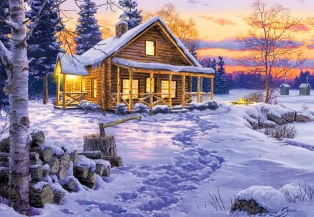 Winter bliss - new year, fun, cottage, sky, trees, joy, peaceful, countryside, path, painting, calmness, clouds, bliss, noel, holiday, house, landscape, winter, wooden, christmas, serenity, nature, village, woods, forest, snow, steps, cabin, lights