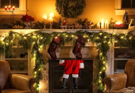 When santa got stuck up the chimney - new year, joy, santa claus, colorful, chimney, coming, surprise, home, evening, noel, mood, holiday, house, gifts, fireplace, funny, warmth, christmas, holy, wall, arrival, decoration, lights