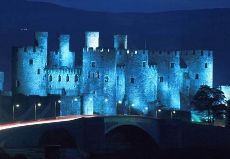 Blue Castle - picture, at night, cool, blue, castle