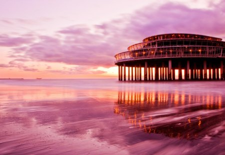 spectacular pier restaurant and casino - pink, clouds, beach, pier, sea