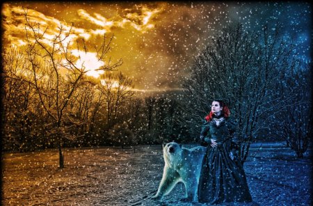 Black Witch with Bear - sky, winter, trees, polar bear, painting, sun, snow