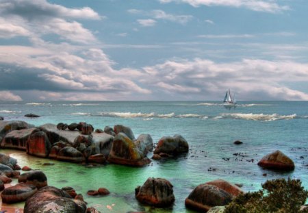 sailboat off a rocky shore - saiboat, shore, waves, sea, rocks