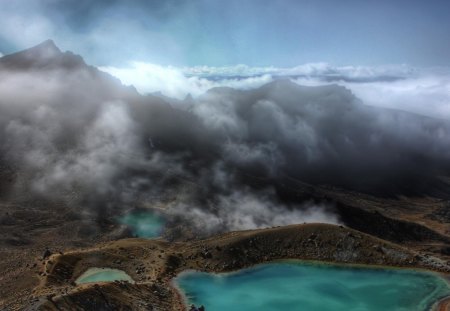 tongariro national park new zealand - pools, mountains, clouds, green