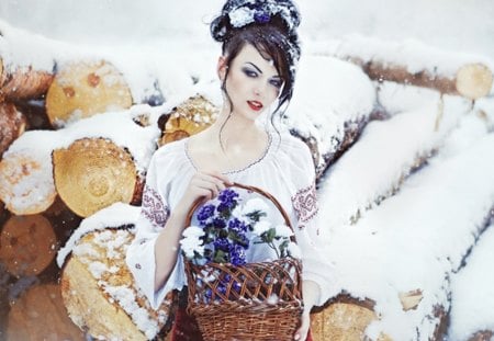 Beautiful Winter - flowers, winter, woman, model