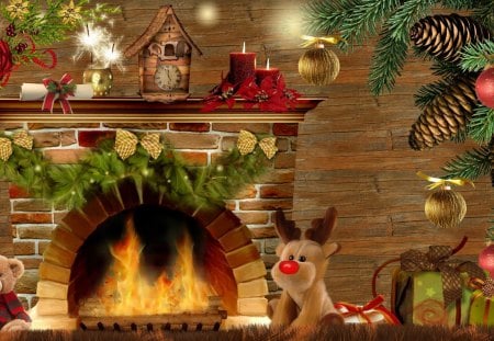 Christmas Evening - plush, cottage, animals, candles, toy, fire, reindeer, presents, family house, clock, tree, gifts, stuffed, fireplace, hearth, christmas, warm, cozy, teddy bear, feliz navidad