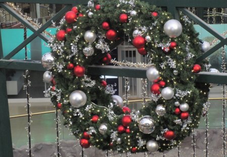 wreath Christmas decorations  - wreath, silver, red, green, photography, ornament