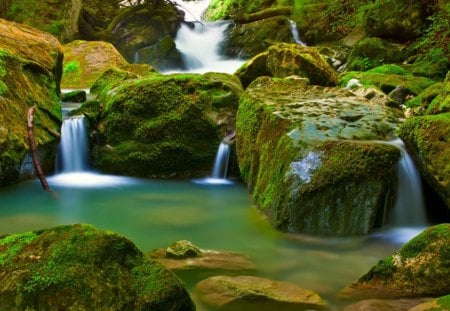 Little Waterfall - water, green, color, moss, rocks