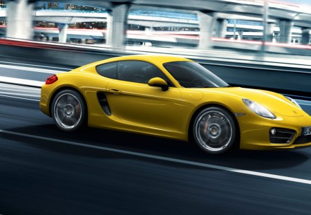 Porsche Cayman S - cool, road, yellow, hd, 1080p, cayman, car, city, porsche, 2013, exotic, speed