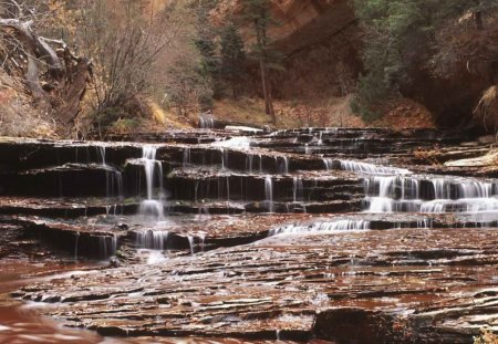 wondrous cascading waterfalls - waterfalls, trees, cascade, cliff, steps