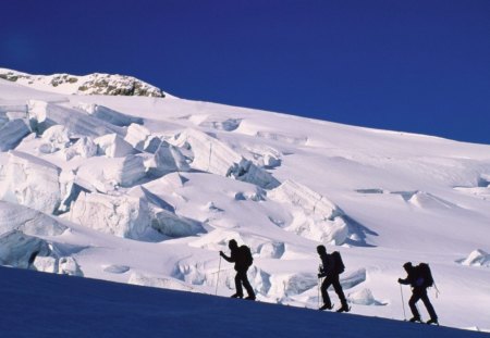 Step by Step to the Peak - people, mountain climbing, blue, snow, north face, ice, nature, glacier, mountains, sky