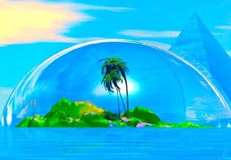 BLUE LAGOON - sky, lagoon, palm tree, bubble, ocean, blue