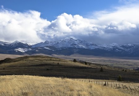 amazing mountain range - range, winter, meadow, mountains, fence