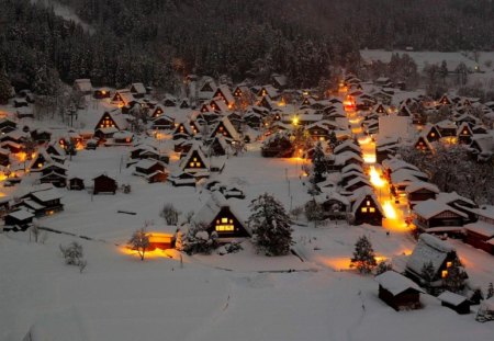 winter landscape - village, winter, lights, snow, night