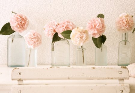 flowers - centerpiece, roses, pink, bottles