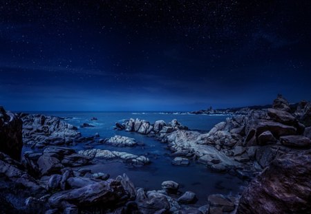 Mysterious night over rocky coast - rocky, night, coast, mysterious