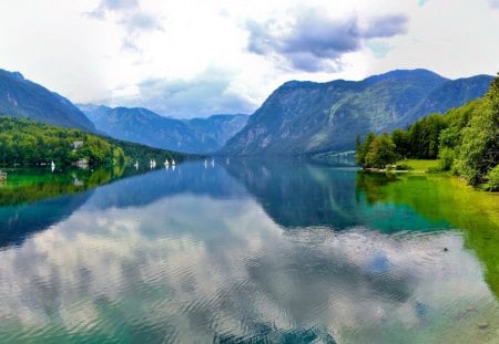 Sailboats on Lake - clouds, lake, mountains, sailboats