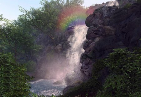 crysis - drops, rainbow, waterfall, rocks