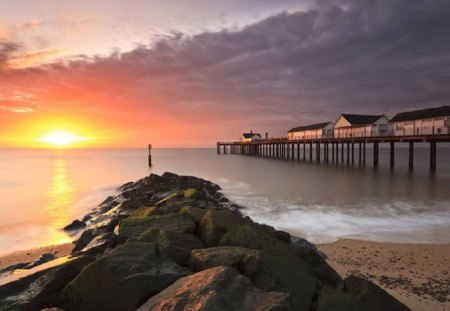 Ocean Pier - sky, ocean, pier, sunset