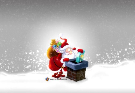 Here Comes Santa - christmas, roof, snow, presents, santa claus