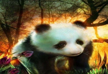 Panda And Friend - bird, abstract, trees, fantasy, panda, animals