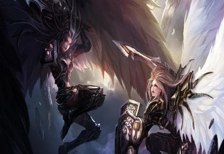 Angel Battle - angels, white wings, weapons, black wings, armour