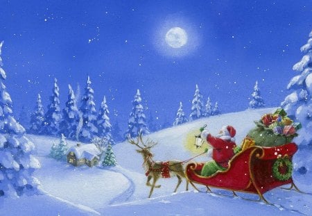 Making A Stop - santa, moon, reindeer, sleigh, snow, house