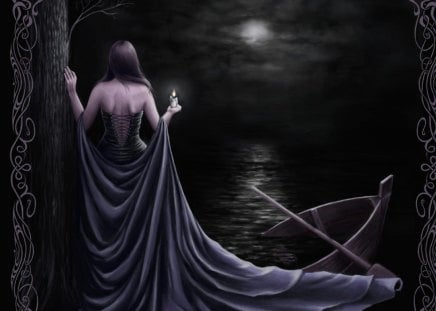 Black gothic girl - magic, boat, night, robe, surreal, lake, midnight, moon, wizard, water, image, beautiful, candle, girl, sea, gothic, beauty, colors, goth, black