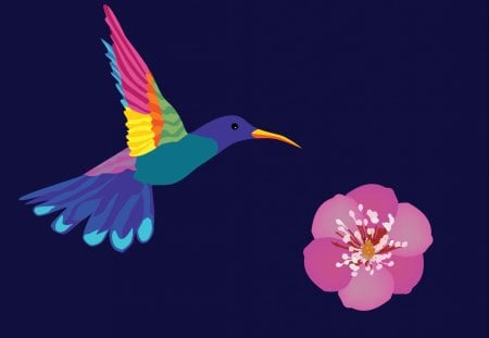 Hummingbird & Flower - bird, summer, blue, vector, spring, flower, pink, colorful, bright, song