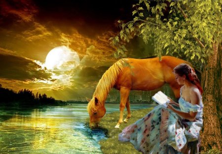 Woman and Horse - river, trees, fantasy, sunset, woman, horse