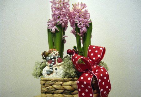 Christmas Arrangement - snowman, hyacinths, bow, red, moss, basket