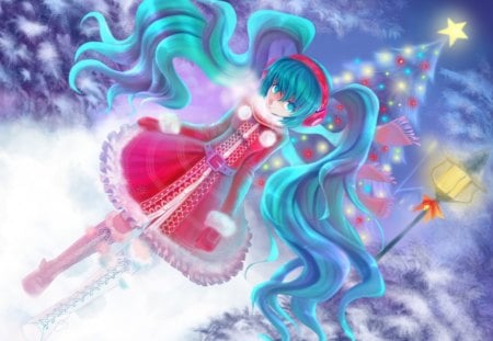 Hatsune Miku - hatsune miku, girl, light, night, winter, christmas, white, blue hair, pink, red, snow, anime, tree, manga