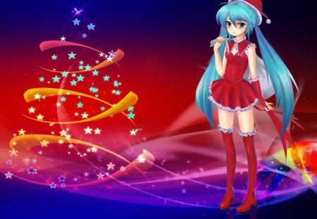 Hatsune Miku - happy, girl, manga, christmas, white, fireworks, light, tree, new year, blue hair, red, purple, winter, anime, night, blue, santa claus, hatsune miku