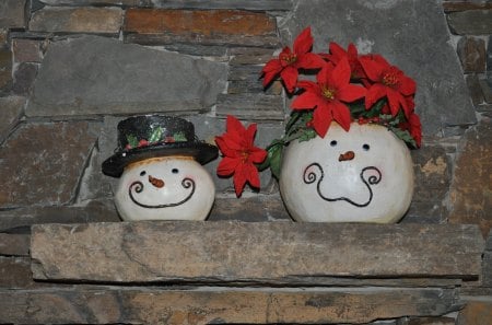 ๑♥๑ Christmas Fireplace ๑♥๑ - winter, happy smile, forever, snowmans, love, nature, fireplace, red, green, ornaments, poinsettia, merry christmas