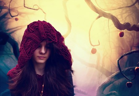 Little Red Riding Hood - charm, forest, girl, red, light, hood, apples, mist