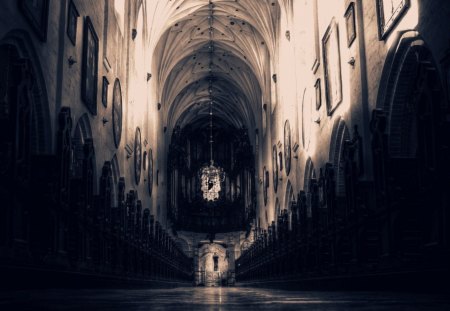 What's in the end? - end, chandelier, dark, walk, corridor, light, long