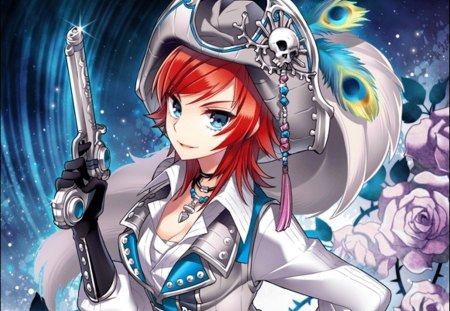 Anime - flower, cute, beautiful, hot, gun, anime girl, girl, white, hat, weapon, feather, beauty, anime, dress, skull, petals, sexy, female